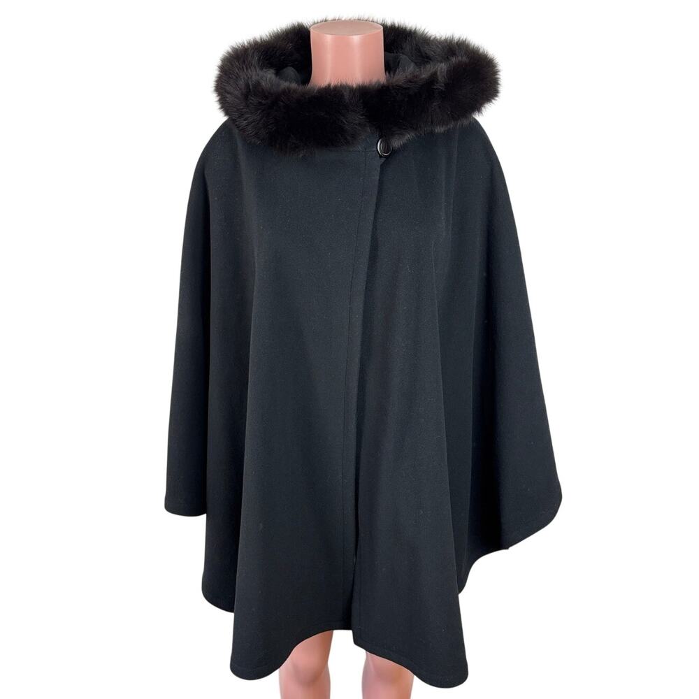 Marvin Richards New York Black Hooded Cape NEW Wool Blend Fur Trim One Size